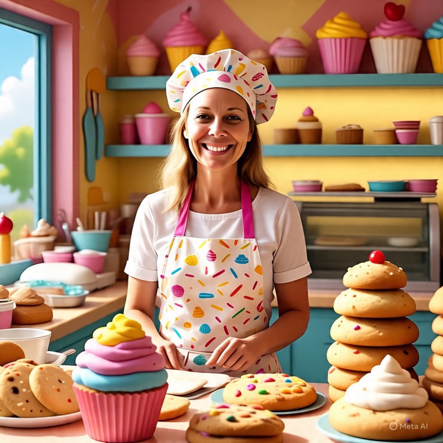 AI-generated portrait of Traci, founder of Bake With Brie, in a sprinkle apron and chef hat